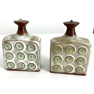 Studio Art Pottery Salt and Pepper Shakers Brown Green Geometric MCM 3 3/4"